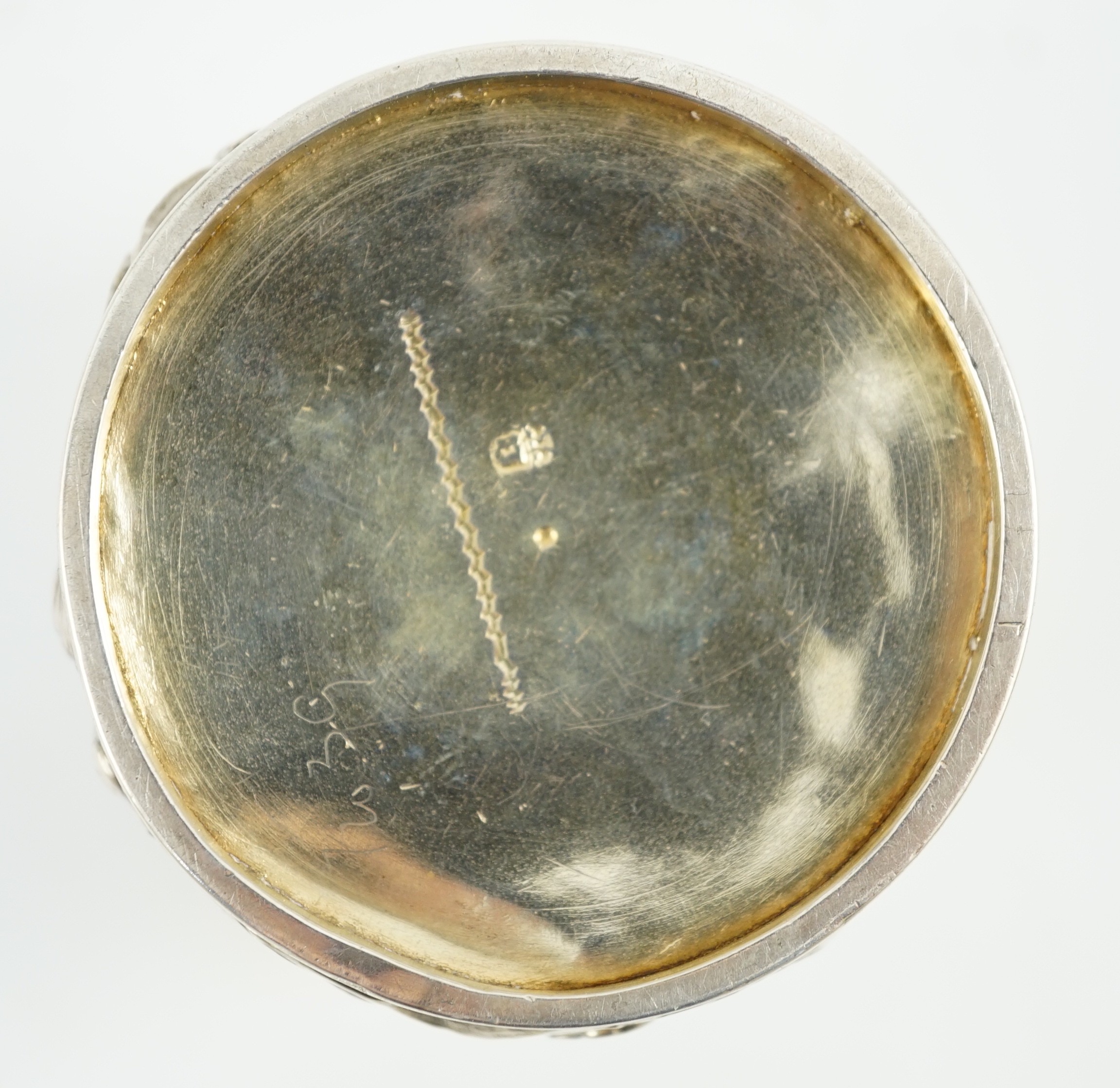 A late 18th century German embossed parcel gilt silver beaker, maker SBF